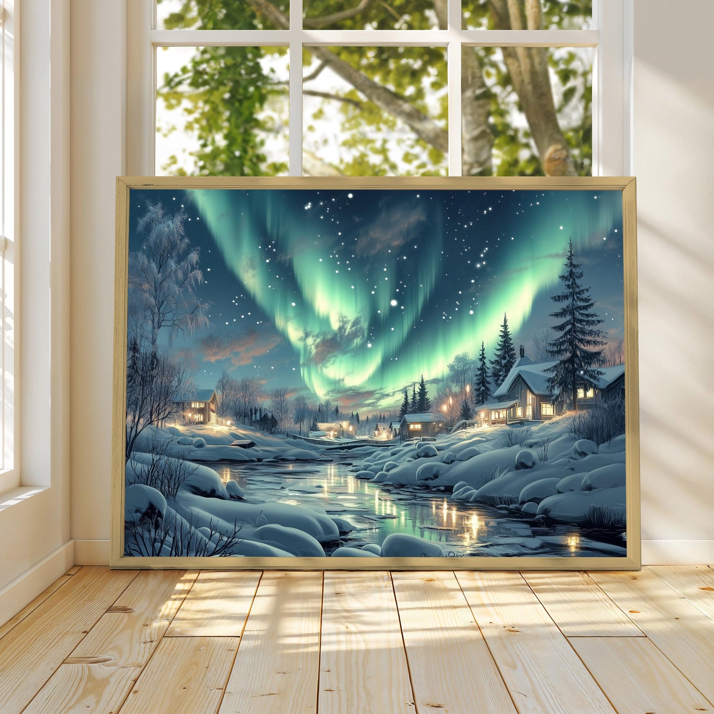 Aurora Borealis Winter Village Print, Winter Village Poster Print, Winter Aurora Print, Winter Wall Art, Winter Wonderland, Winter Print