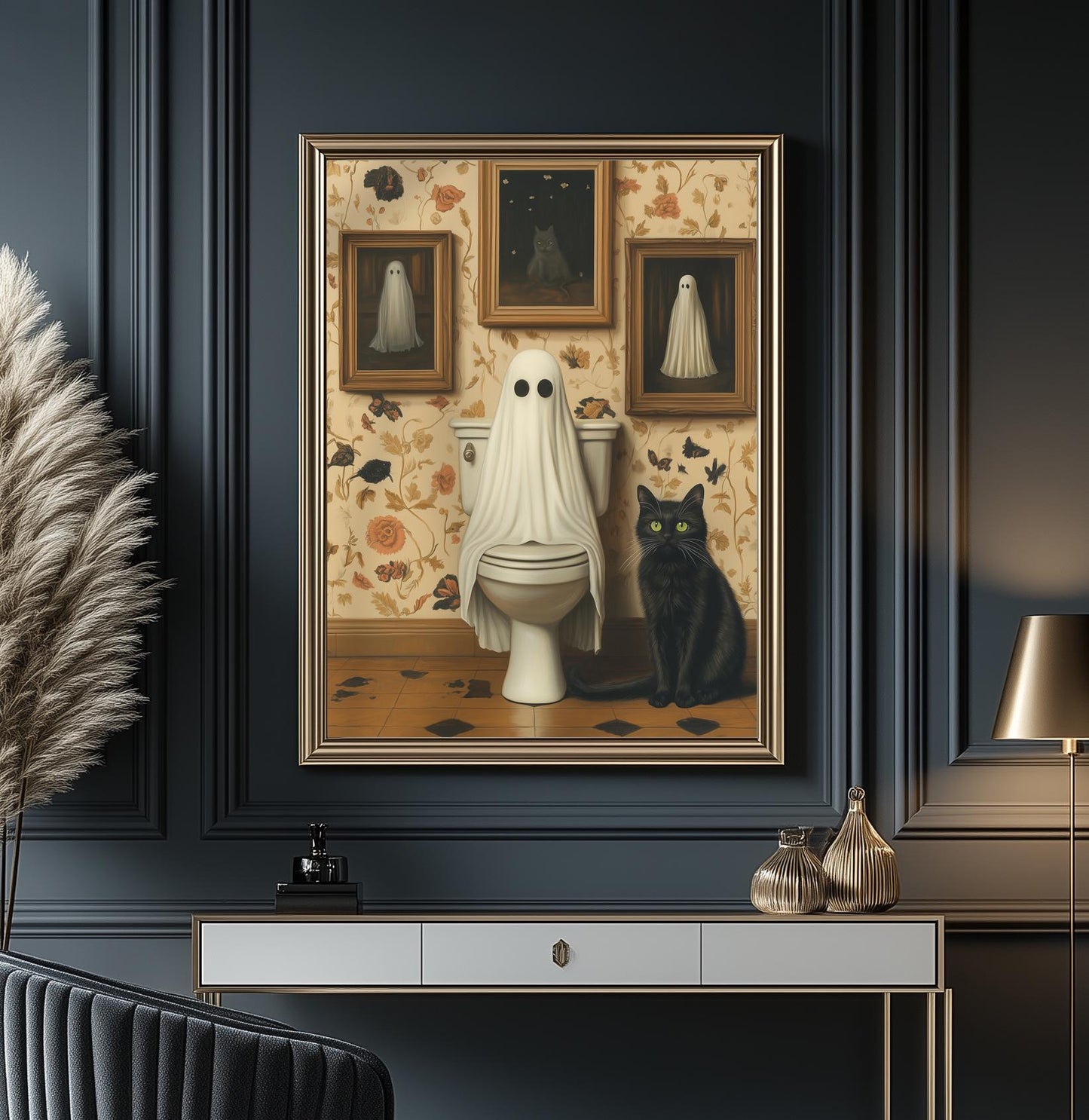 Ghost and Cat Poster, Whimsical Ghost & Black Cat Toilet Print, Halloween Wall Decor, Spooky Cute Bathroom, Gothic Home Decor, Quirky Gift