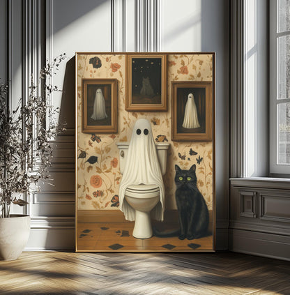 Ghost and Cat Poster, Whimsical Ghost & Black Cat Toilet Print, Halloween Wall Decor, Spooky Cute Bathroom, Gothic Home Decor, Quirky Gift