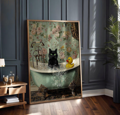 Duck and Cat Poster, Whimsical Duck & Black Cat Bathtub Print, Halloween Home Decor, Spooky Cute Bathroom, Gothic Wall Decor, Quirky Gift