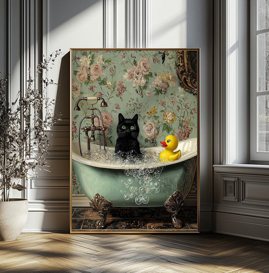 Duck and Cat Poster, Whimsical Duck & Black Cat Bathtub Print, Halloween Home Decor, Spooky Cute Bathroom, Gothic Wall Decor, Quirky Gift