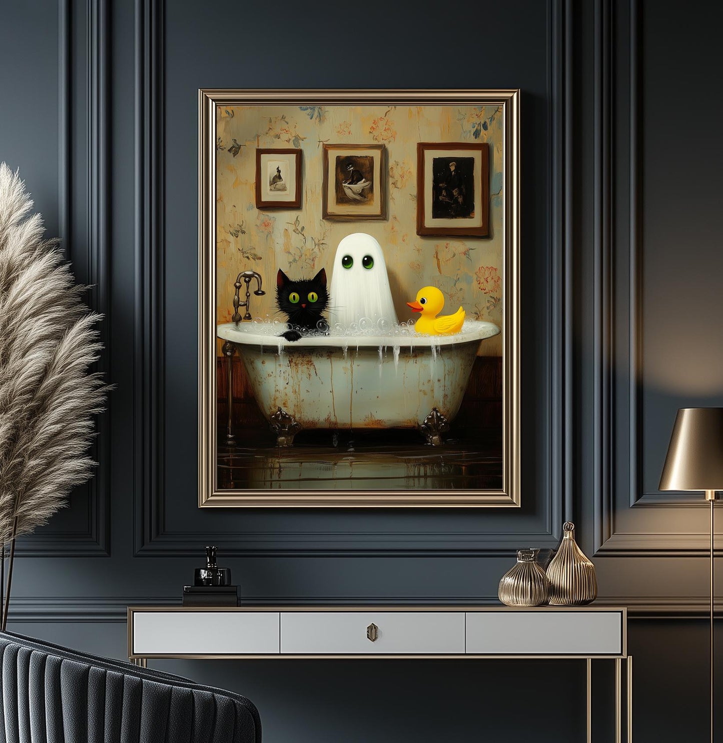 Ghost and Cat Poster, Whimsical Ghost & Black Cat Bathtub Print, Halloween Wall Decor, Spooky Cute Bathroom, Gothic Home Decor, Quirky Gift