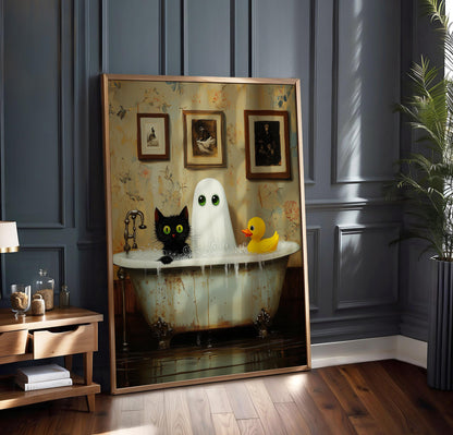 Ghost and Cat Poster, Whimsical Ghost & Black Cat Bathtub Print, Halloween Wall Decor, Spooky Cute Bathroom, Gothic Home Decor, Quirky Gift