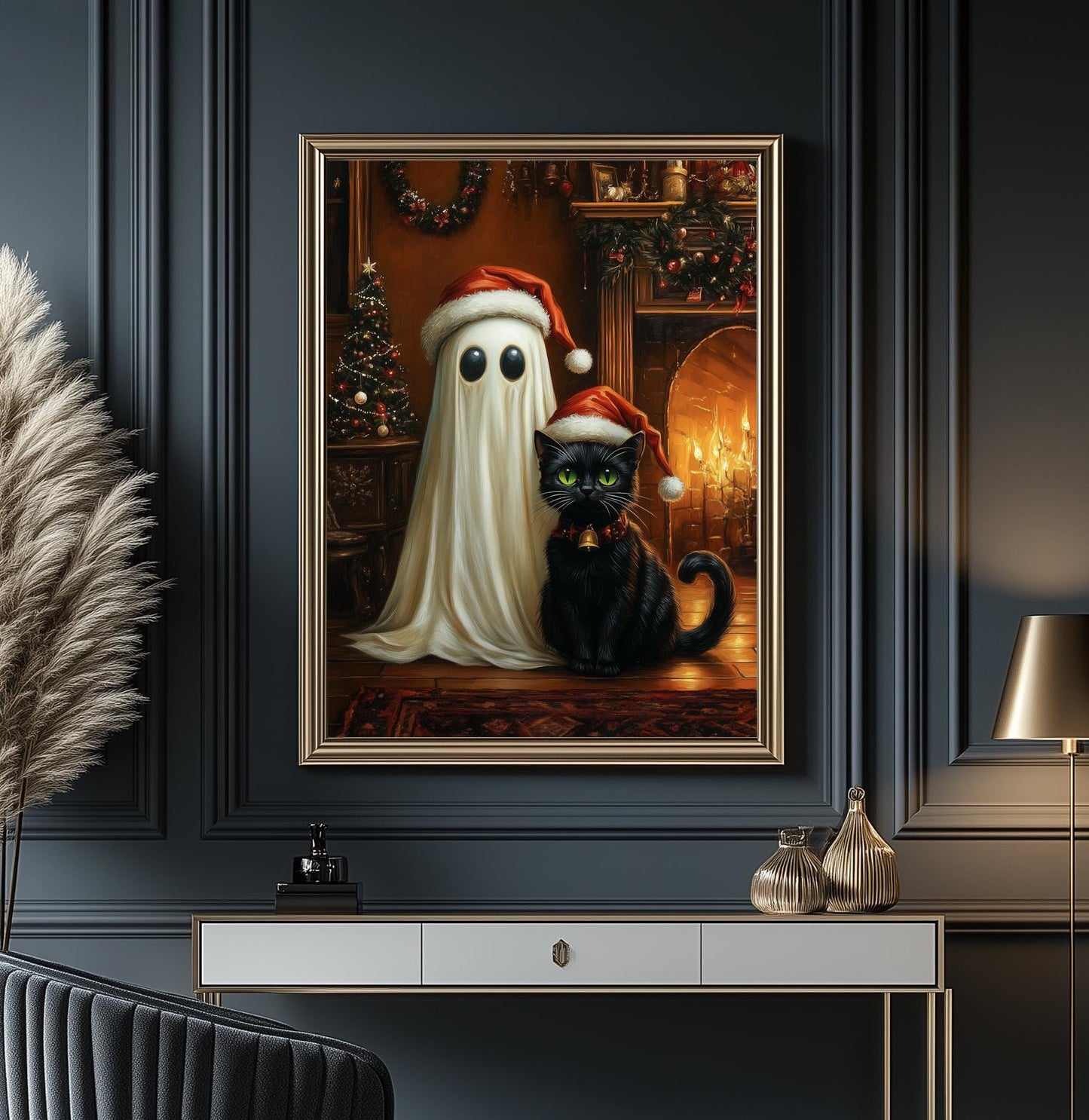 Ghost and Cat Poster, Whimsical Ghost & Black Cat Christmas Print, Holiday Decor, Spooky Cute Santa, Gothic Xmas Wall Art, Quirky Gift Idea