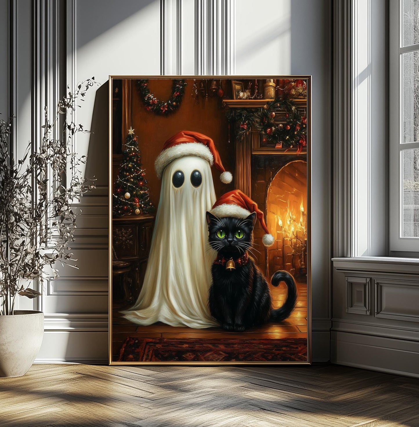 Ghost and Cat Poster, Whimsical Ghost & Black Cat Christmas Print, Holiday Decor, Spooky Cute Santa, Gothic Xmas Wall Art, Quirky Gift Idea