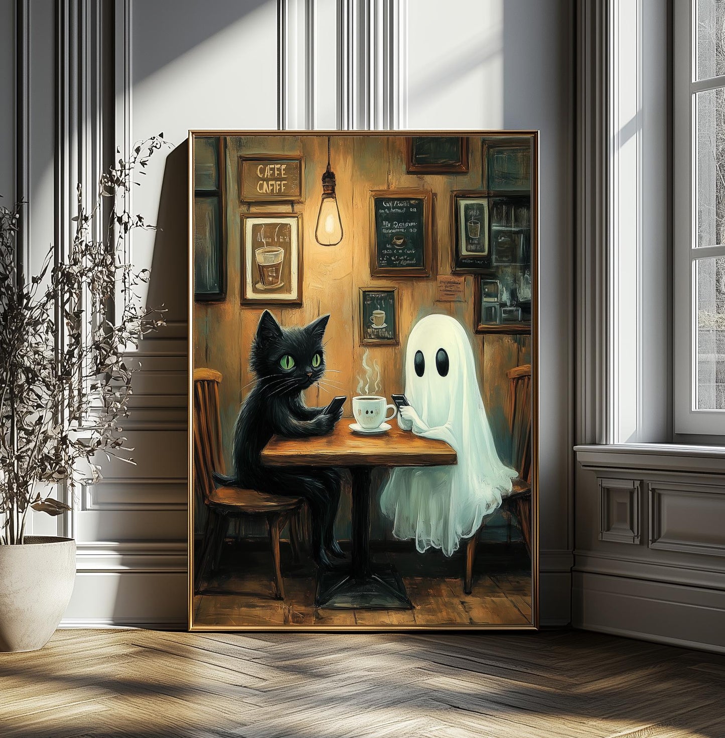 Ghost and Cat Poster, Whimsical Ghost & Black Cat Coffee Shop Print, Cafe Wall Art, Spooky Cute Halloween, Gothic Decor, Quirky Gift Idea