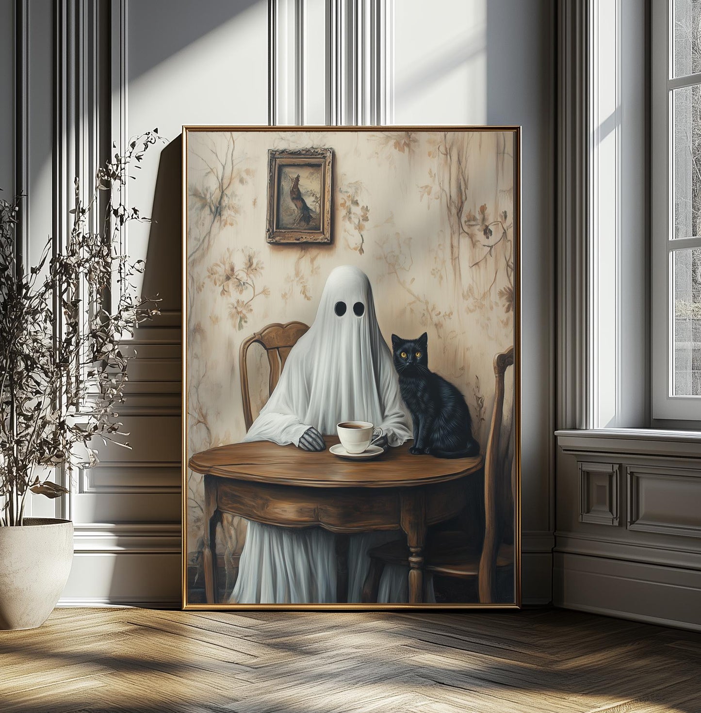 Ghost and Cat Poster, Whimsical Ghost & Black Cat Coffee Print, Halloween Wall Decor, Spooky Cute Wall Art, Gothic Home Decor, Quirky Gift