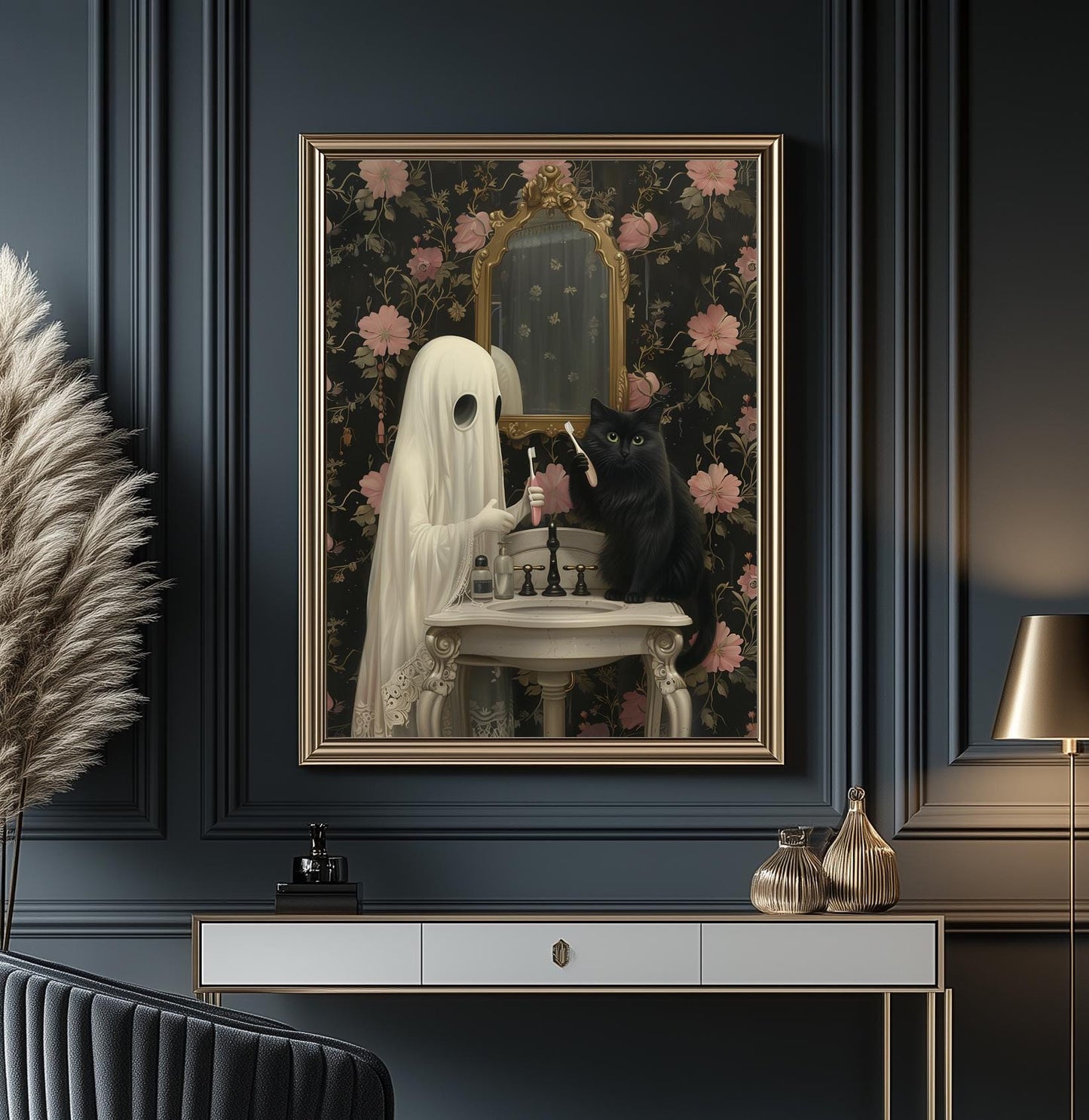 Ghost and Cat Poster, Whimsical Ghost & Black Cat Vanity Print, Halloween Wall Decor, Spooky Cute Wall Art, Gothic Decor, Quirky Gift Ider