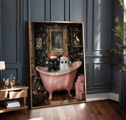 Ghost and Cat Poster, Whimsical Ghost & Black Cat Bathtub Print, Holiday Decor, Spooky Cute Holiday, Gothic Xmas Wall Art, Quirky Santa Gift