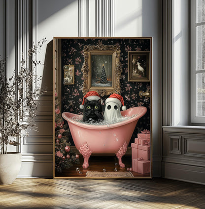 Ghost and Cat Poster, Whimsical Ghost & Black Cat Bathtub Print, Holiday Decor, Spooky Cute Holiday, Gothic Xmas Wall Art, Quirky Santa Gift