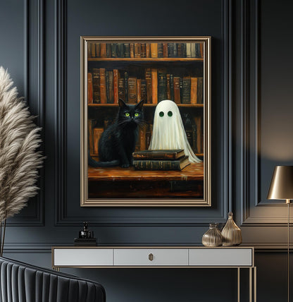 Ghost and Cat Poster, Whimsical Ghost & Black Cat Library Print, Halloween Wall Decor, Spooky Cute Wall Art, Gothic Home Decor, Quirky Gift