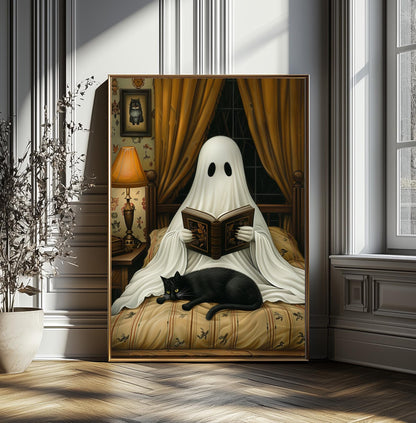 Ghost and Cat Poster, Whimsical Ghost & Black Cat Reading Print, Halloween Home Decor, Spooky Cute Wall Art, Gothic Wall Decor, Quirky Gift