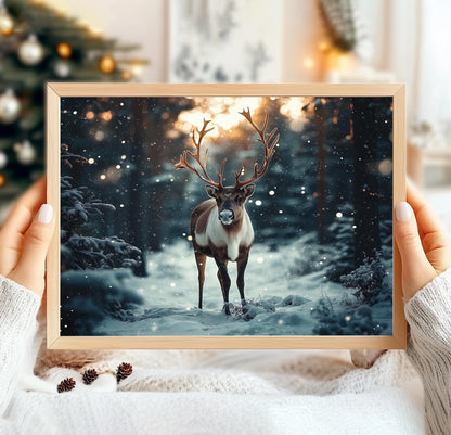 Xmas Reindeer Print, Winter Christmas Wall Art, Christmas Decoration, Winter Reindeer Wall Art, Holiday Decor, Snowy Forest Wall Art