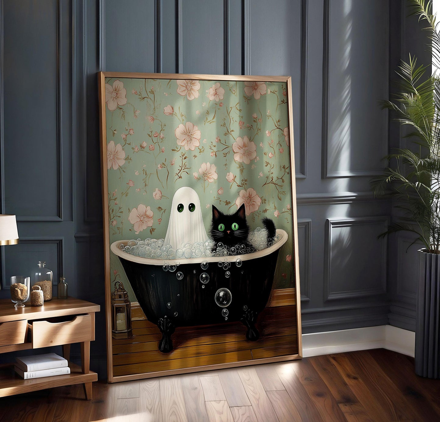 Ghost and Cat Poster, Whimsical Ghost & Black Cat Bathtub Print | Gothic Halloween Decor | Spooky Cute Wall Art | Quirky Gift for Cat Lovers