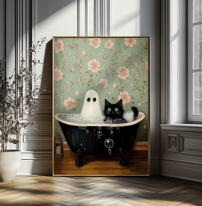 Ghost and Cat Poster, Whimsical Ghost & Black Cat Bathtub Print | Gothic Halloween Decor | Spooky Cute Wall Art | Quirky Gift for Cat Lovers