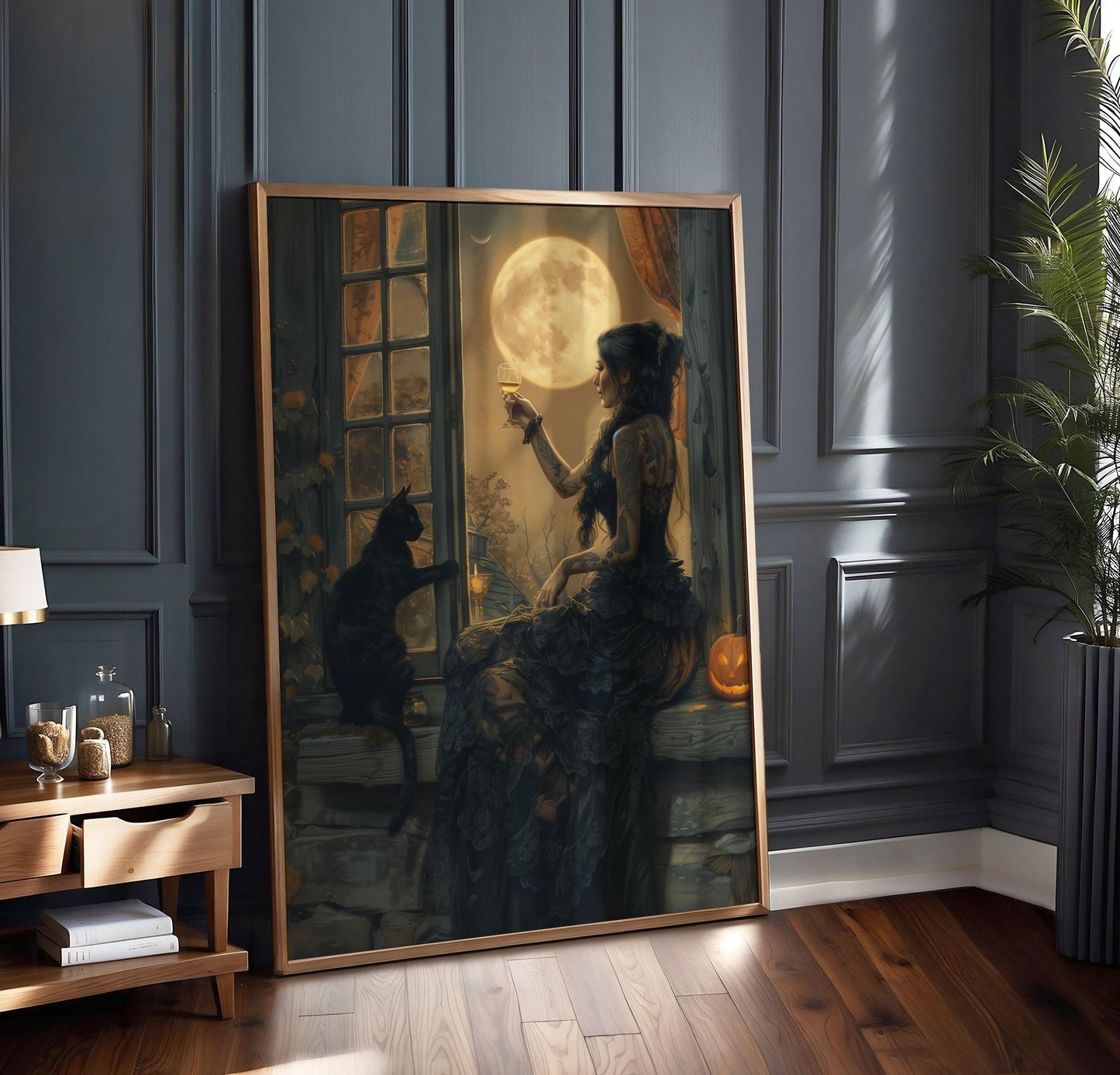 Witch and Cat Poster, Gothic Witch & Black Cat Print | Full Moon Halloween Decor | Witchy Wall Art | Spooky Home Decor | Quirky Gift for He