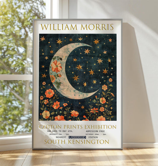 William Morris Moon & Stars Print, William Morris Exhibition Poster, William Morris Poster, Vintage Wall Art, Moon Art, Bedroom Poster