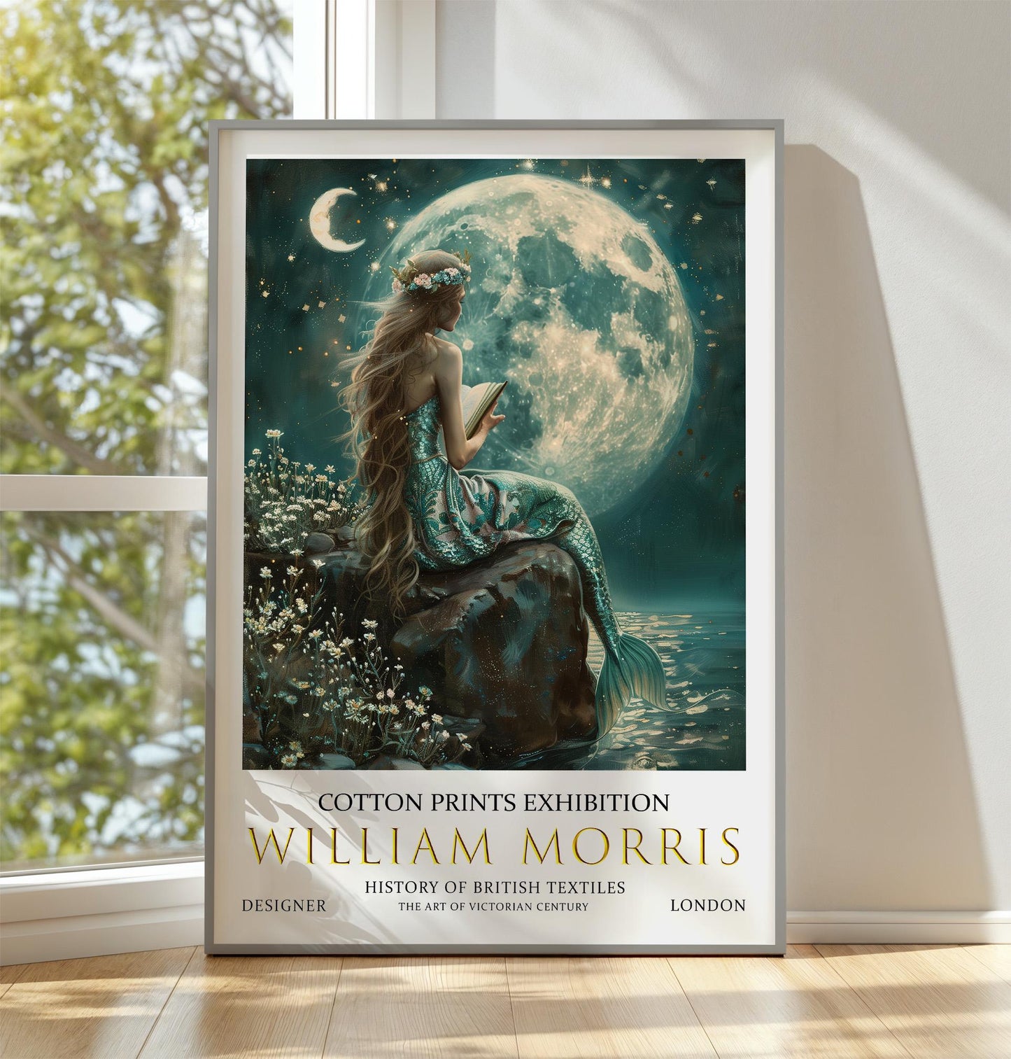 William Morris Mermaid Print, William Morris Exhibition Poster, William Morris Poster, Fantasy Wall Art, Celestial Art, Moon and Stars Print