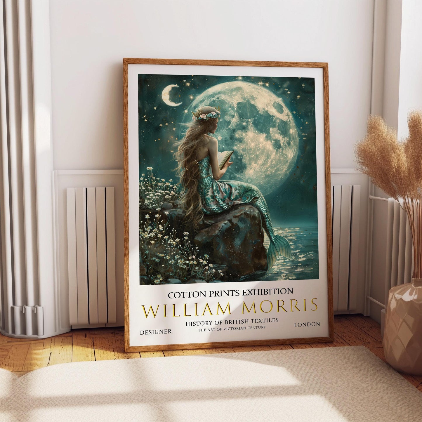 William Morris Mermaid Print, William Morris Exhibition Poster, William Morris Poster, Fantasy Wall Art, Celestial Art, Moon and Stars Print