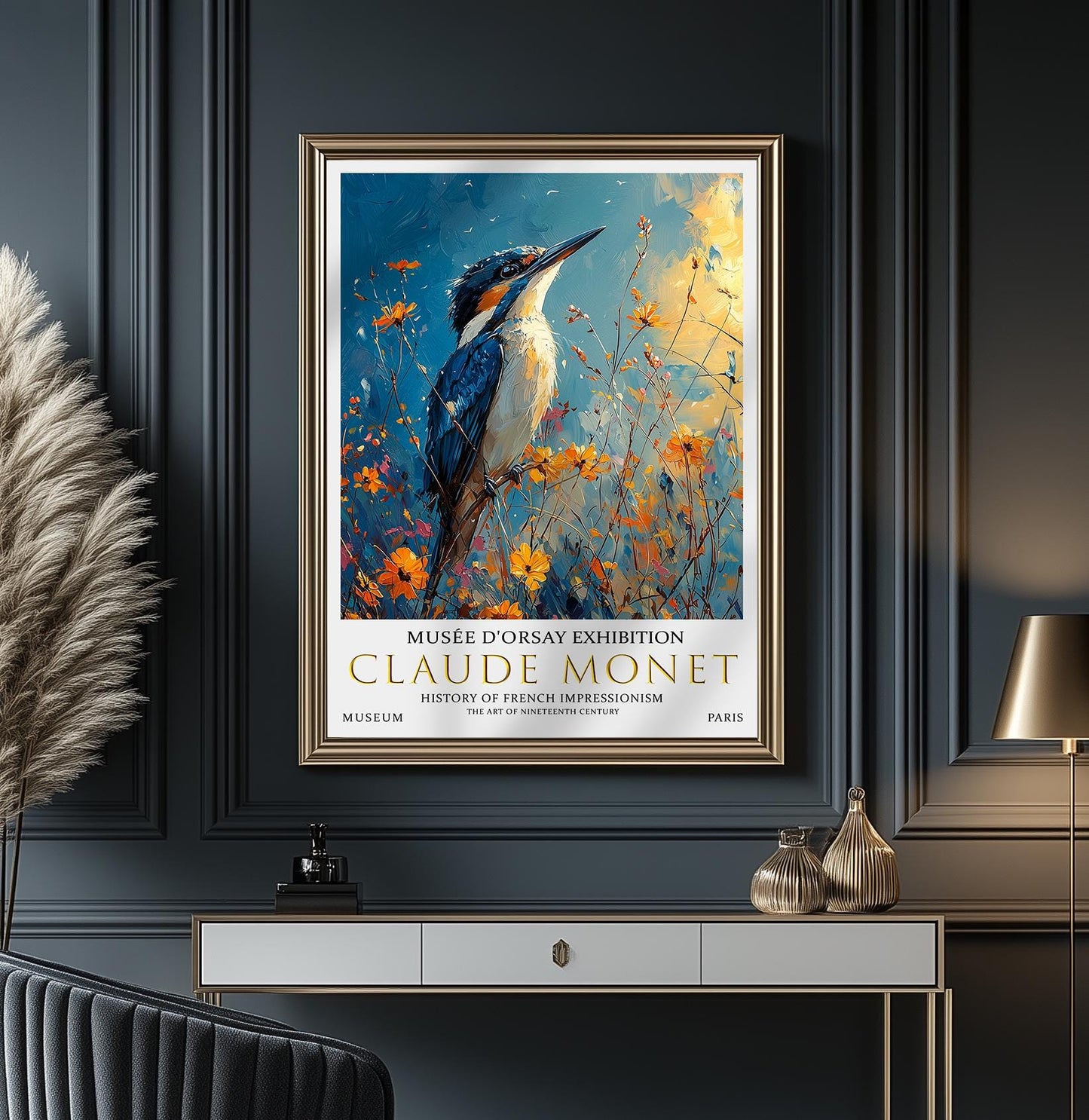 Claude Monet kingfisher Print, Claude Monet Exhibition Poster, Claude Monet Poster, Vintage Poster, Bird Wildflowers Art, Vintage Wall Art,