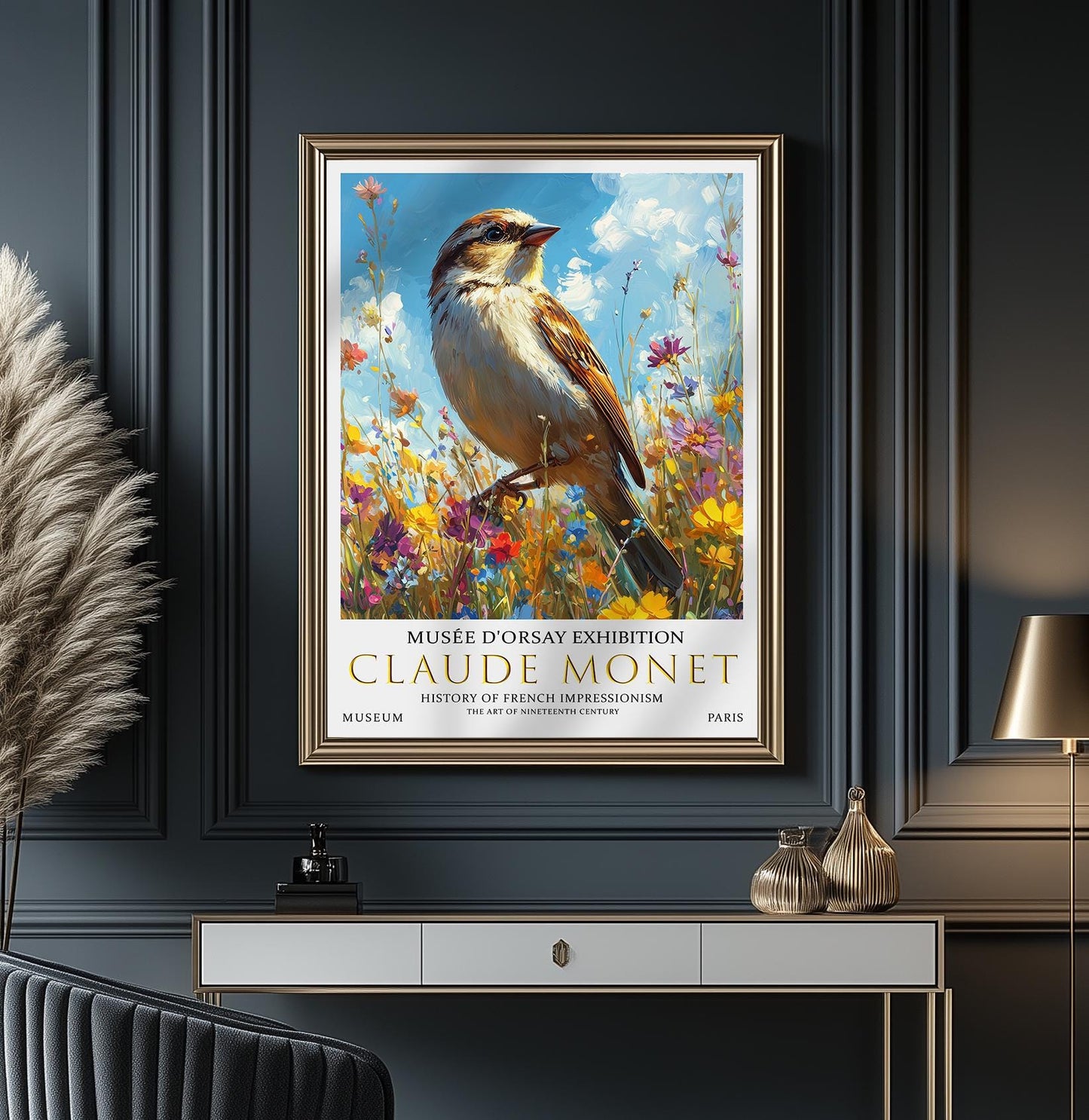 Claude Monet Sparrow Print, Claude Monet Exhibition Poster, Claude Monet Poster, Vintage Poster, Field of Wildflowers Art, Vintage Wall Art,