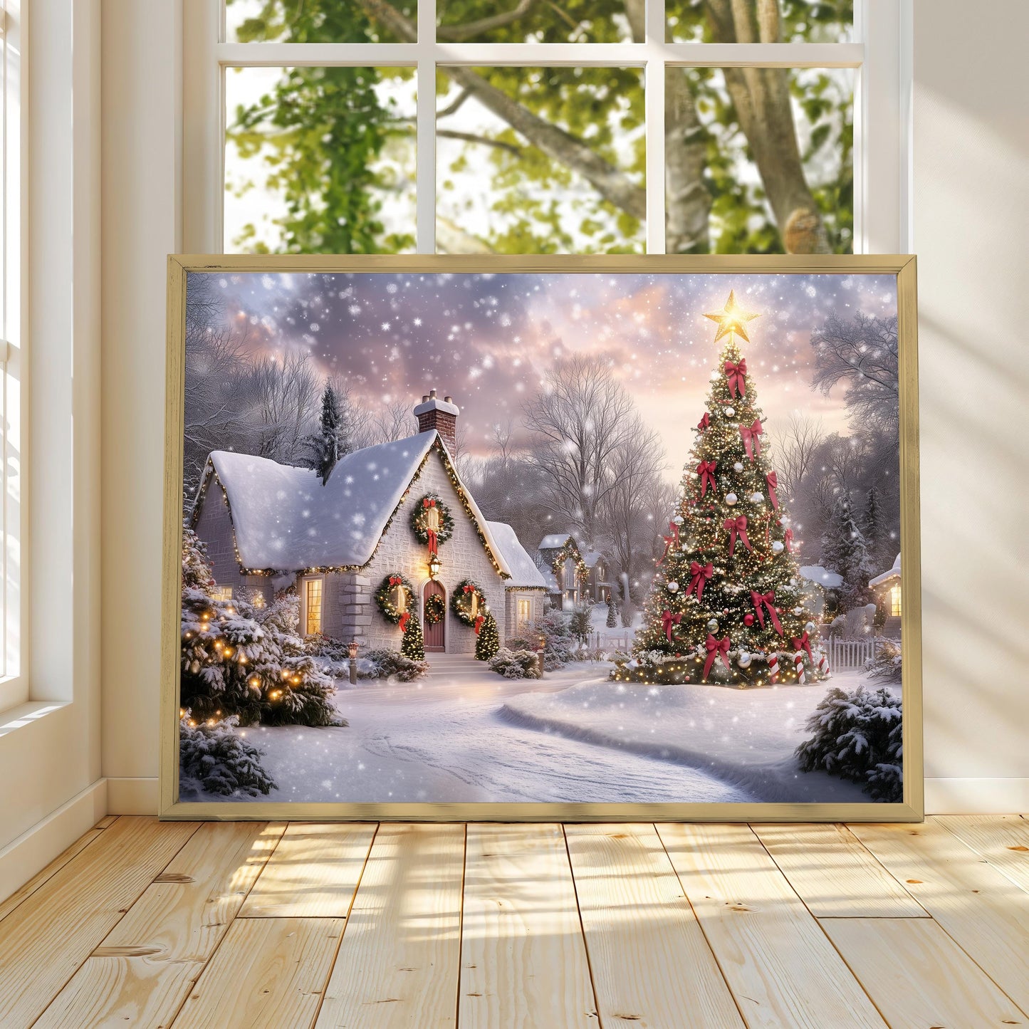 Magical Christmas Print, Christmas Poster Print, Christmas Wall Art, Winter Wonderland, White Christmas Snowy Village, Christmas Wreaths