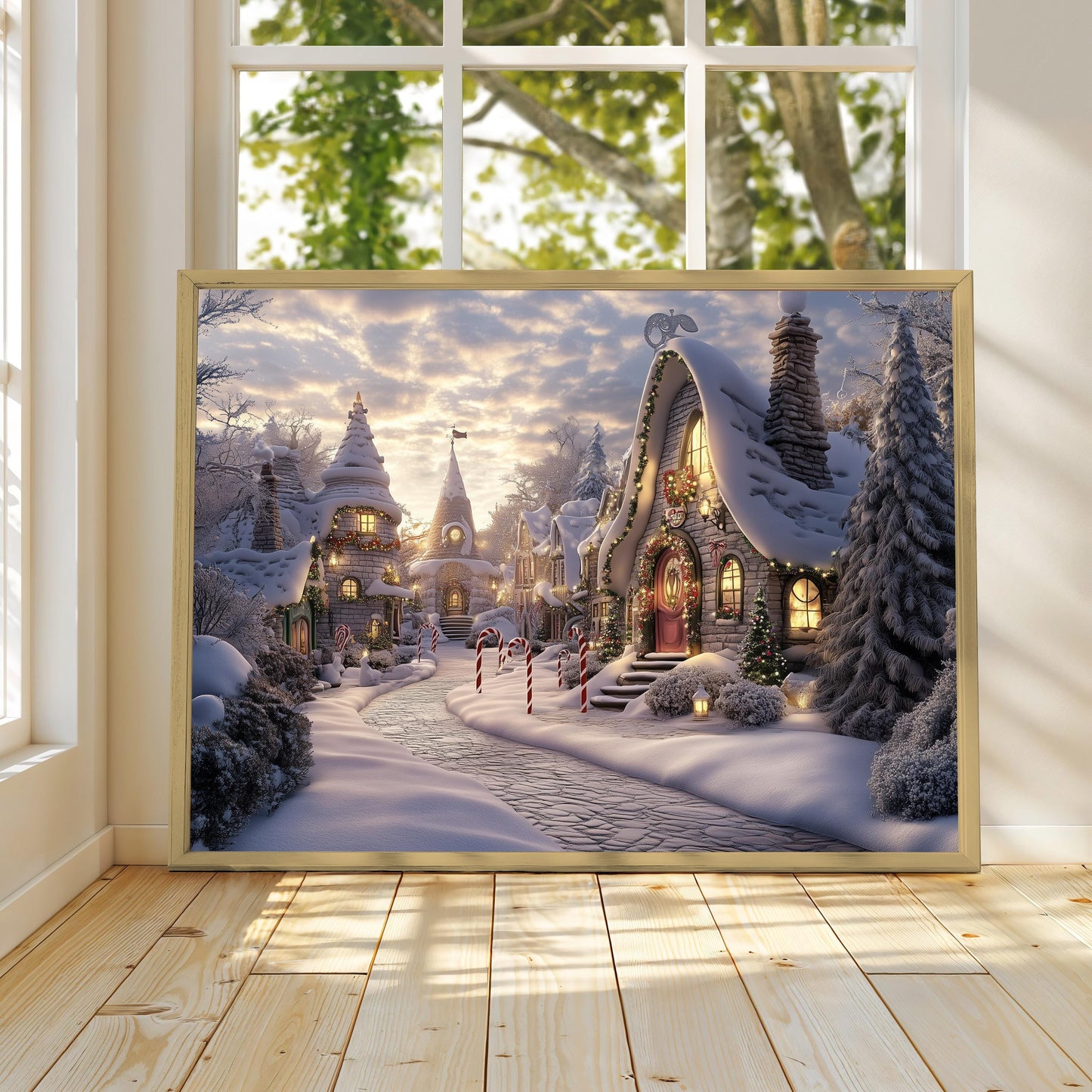 Warm Cozy Winter Town Print, Christmas Poster Print, Christmas Wall Art, Winter Wonderland, Whimsical Christmas Snowy Village, Candy Cane