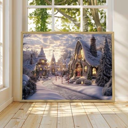 Warm Cozy Winter Town Print, Christmas Poster Print, Christmas Wall Art, Winter Wonderland, Whimsical Christmas Snowy Village, Candy Cane