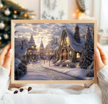 Warm Cozy Winter Town Print, Christmas Poster Print, Christmas Wall Art, Winter Wonderland, Whimsical Christmas Snowy Village, Candy Cane