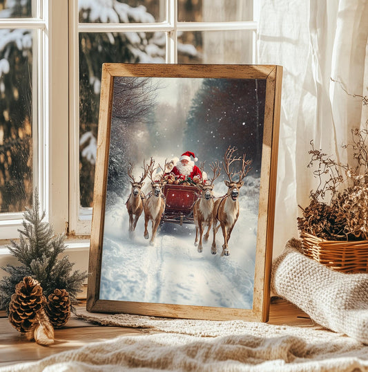 Vintage Santa Sleigh Reindeers Print, Christmas Wall Art, Winter Wonderland, Christmas Decoration, Christmas Home Decor