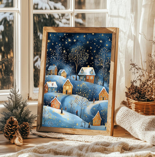 Cozy Winter Village Christmas Print - Rustic Holiday Wall Art, Festive Home Decor, Unframed Xmas Gift for Home, Snowy Night Scene