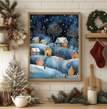 Cozy Winter Village Christmas Print - Rustic Holiday Wall Art, Festive Home Decor, Unframed Xmas Gift for Home, Snowy Night Scene