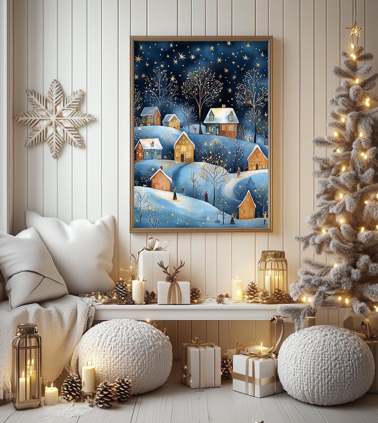 Cozy Winter Village Christmas Print - Rustic Holiday Wall Art, Festive Home Decor, Unframed Xmas Gift for Home, Snowy Night Scene