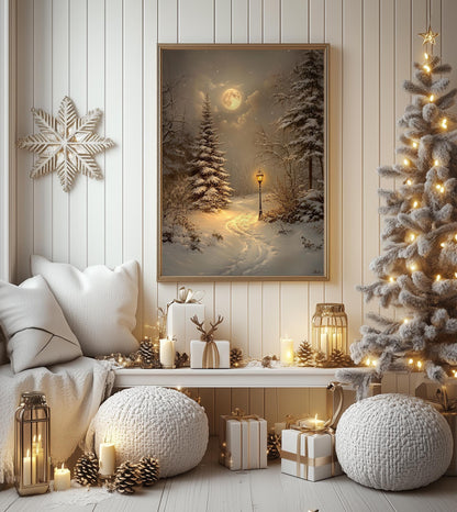 Winter Moonlit Path Art Print - Cozy Christmas Wall Decor, Snowy Night Landscape, Rustic Holiday Decor, Unframed Xmas Gift for Home