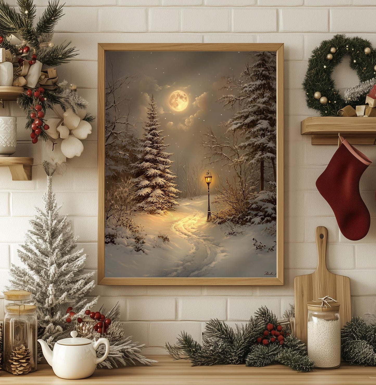 Winter Moonlit Path Art Print - Cozy Christmas Wall Decor, Snowy Night Landscape, Rustic Holiday Decor, Unframed Xmas Gift for Home