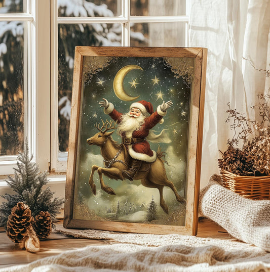 Vintage Santa Riding Reindeer Art Print - Magical Christmas Wall Decor, Father Christmas, Rustic Holiday Unframed Gift, Xmas Decor