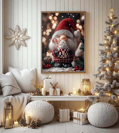 Cozy Christmas Gnome Art Print - Holiday Wall Decor, Festive Scandinavian Gnome with Cocoa, Rustic Xmas Gift, Winter Home Decor