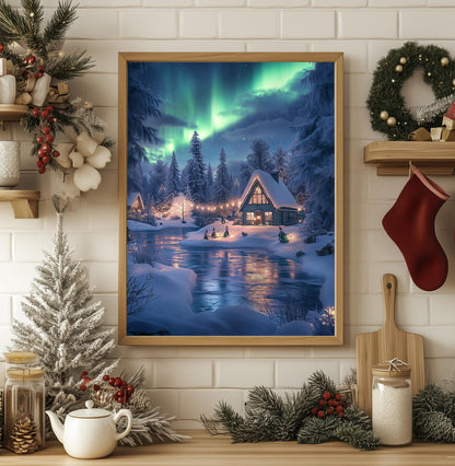 Aurora Borealis Winter Cabin Print - Cozy Christmas Wall Decor, Snowy Holiday Scene, Northern Lights Art, Xmas Gift, Winter Wonderland