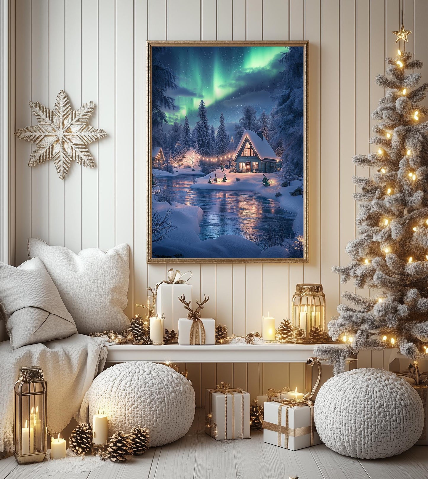 Aurora Borealis Winter Cabin Print - Cozy Christmas Wall Decor, Snowy Holiday Scene, Northern Lights Art, Xmas Gift, Winter Wonderland