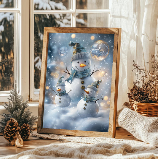 Whimsical Snowman Family Christmas Print - Cozy Holiday Wall Art, Winter Decor, Festive Xmas Gift, Snow Globe Scene, Christmas Cheer