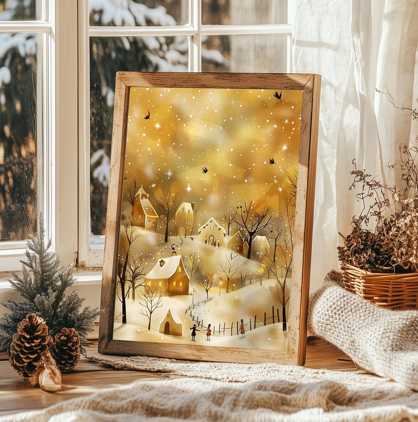 Golden Glow Winter Village Art Print - Cozy Christmas Wall Decor, Holiday Scene, Warm Festive Decor, Xmas Gift, Rustic Christmas Charm