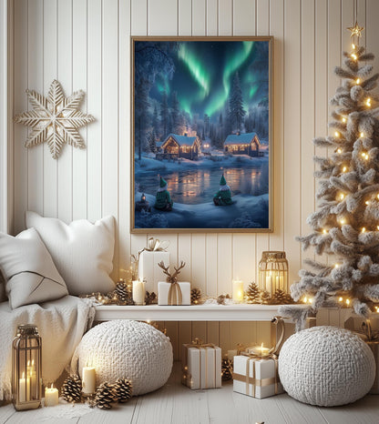 Northern Lights Cabin Scene - Cozy Christmas Art Print, Winter Wonderland, Holiday Wall Decor, Xmas Gift, Aurora Borealis, Rustic Charm