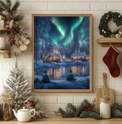 Northern Lights Cabin Scene - Cozy Christmas Art Print, Winter Wonderland, Holiday Wall Decor, Xmas Gift, Aurora Borealis, Rustic Charm