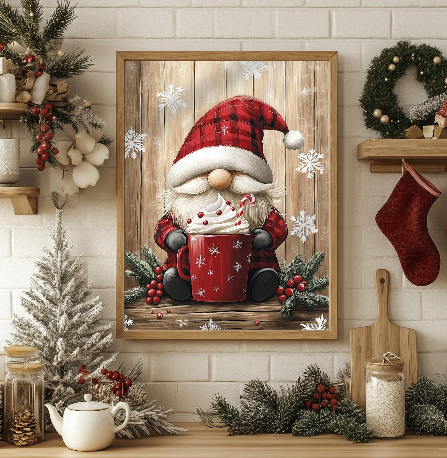 Cozy Christmas Gnome Hot Cocoa Print - Rustic Holiday Decor, Plaid Santa Art, Winter Wall Decor, Festive Xmas Gift, Christmas Charm