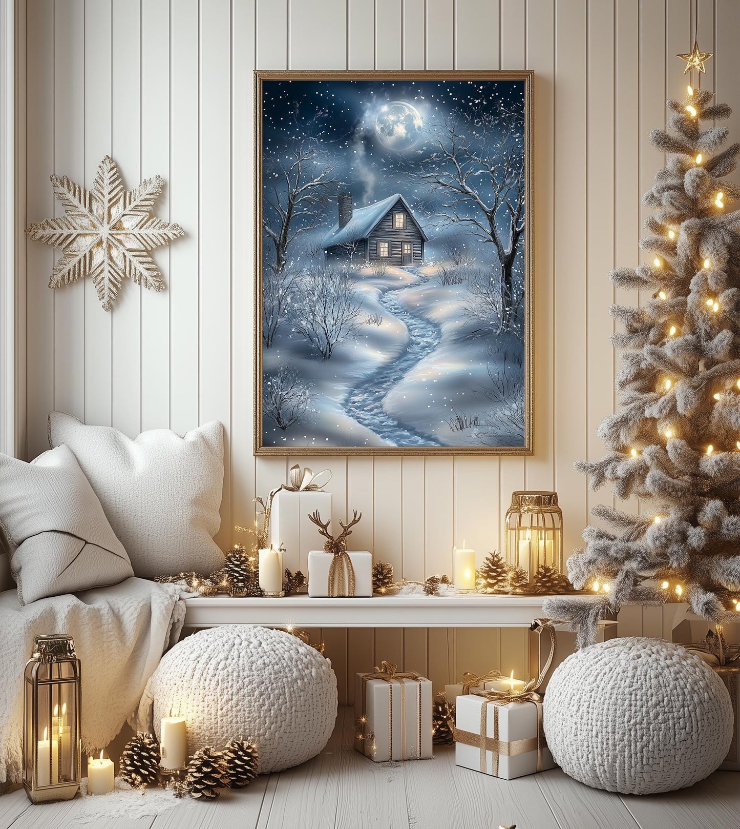 Moonlit Winter Cabin Art Print - Cozy Christmas Wall Decor, Snowy Night Scene, Rustic Holiday Charm, Winter Wonderland, Xmas Gift