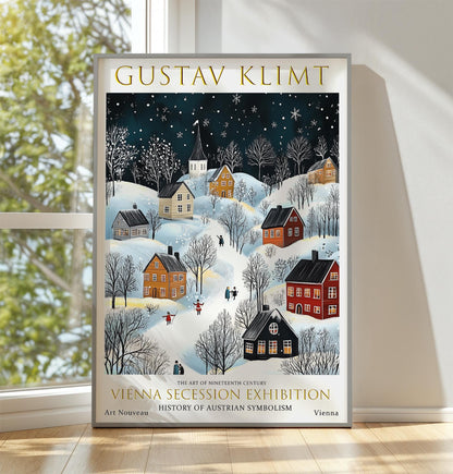 Gustav Klimt Winter Night Village Print, Gustav Klimt Exhibition Poster, Klimt Moon & Stars Print, Vintage Poster, Winter Garden Wall Art