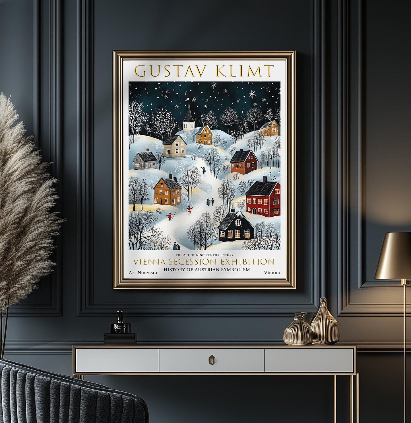 Gustav Klimt Winter Night Village Print, Gustav Klimt Exhibition Poster, Klimt Moon & Stars Print, Vintage Poster, Winter Garden Wall Art