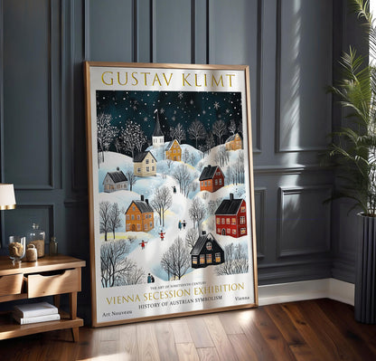 Gustav Klimt Winter Night Village Print, Gustav Klimt Exhibition Poster, Klimt Moon & Stars Print, Vintage Poster, Winter Garden Wall Art