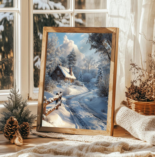 Cozy Winter Cabin in Snow Print - Rustic Christmas Wall Art, Peaceful Holiday Decor, Vintage Winter Scene, Xmas Gift, Snowy Wonderland