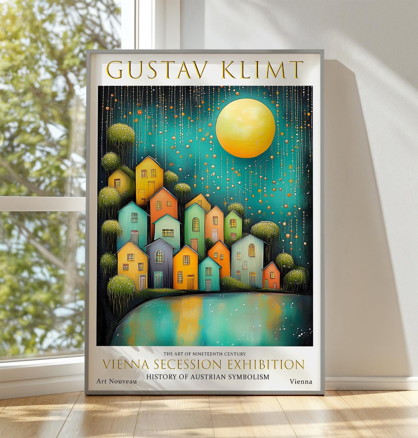 Gustav Klimt Night Village Print, Gustav Klimt Exhibition Poster, Klimt Moon & Stars Print, Vintage Poster, Moon Garden Art, Vintage Night